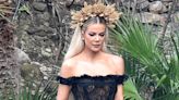 Khloé Kardashian Wore Two Crowns and a Sheer Black Corset Dress to Kourtney's Wedding