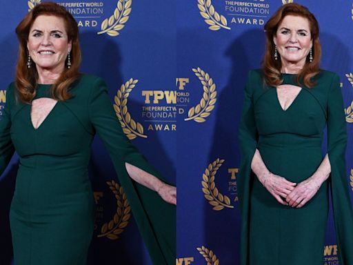 Sarah Ferguson, Duchess of York Goes Green in Safiyaa Dress for the Perfect World Foundation’s Honorary Conservation Award Red Carpet