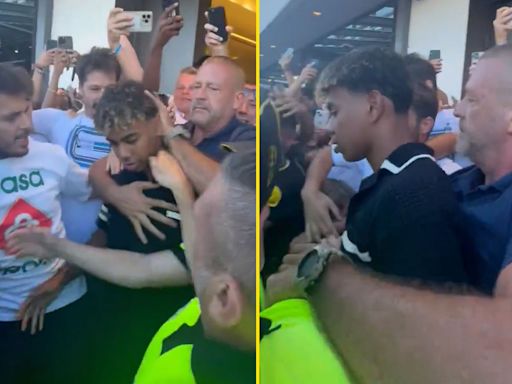 Security struggle to keep fans back as Lamine Yamal is mobbed at airport