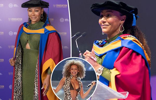 Mel B channels her Spice Girls style in a leopard-print graduation gown while receiving an honorary doctorate