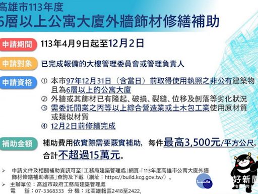 高雄6層以上公寓大廈外牆修繕補助 12/2前截止受理 最高補助15萬元 - 理財周刊