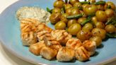 Salmon Kebabs with Dill Tartar Sauce and New Potatoes with Green Beans