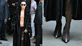 Katy Perry Wears Ripped Tights Over Pumps with No Shirt Under Balenciaga Fur Coat at Paris Couture Week