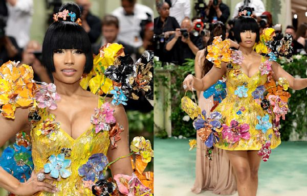 Nicki Minaj Pops in Whimsical Yellow 3D Floral Marni Minidress on Met Gala 2024 Red Carpet