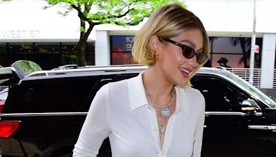 Gigi Hadid Serves Rich-Mom Energy in a Flowing Shirtdress and Mesh Pumps