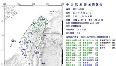 4/27凌晨再度狂搖 氣象署：仍是0403花蓮強震後續餘震