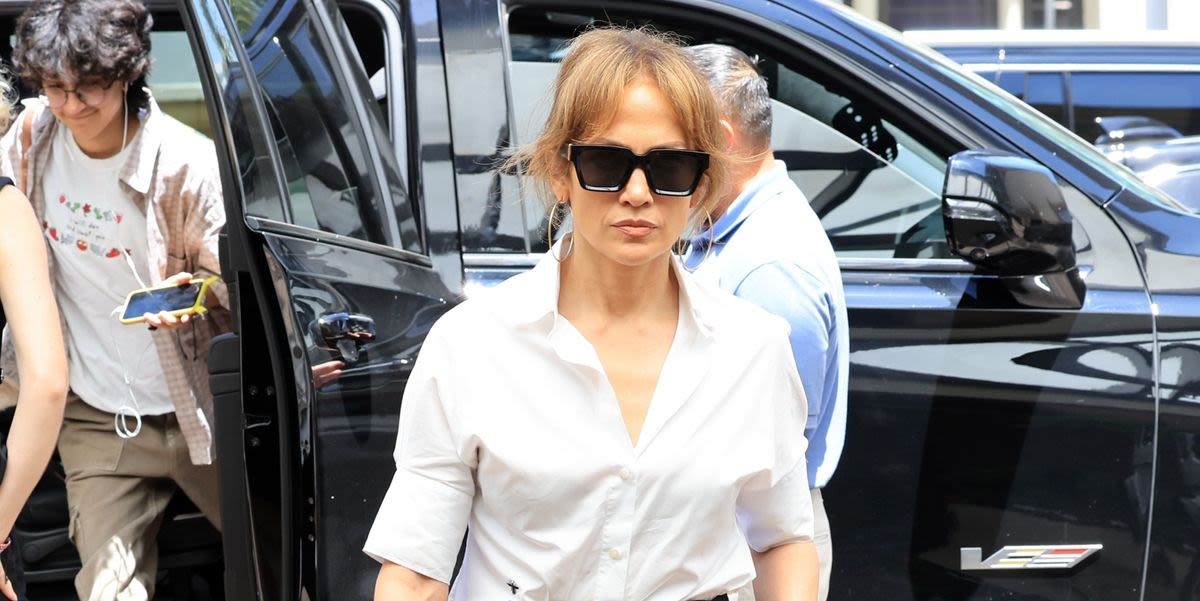 Jennifer Lopez Looks All Business at Family Lunch in a Tailored Shirt and Pinstripe Pants