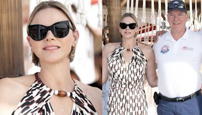 Princess Charlene of Monaco Plays With Prints in Geometric Diane von Furstenberg Jumpsuit for the Crossing Calvi-Monaco Water...