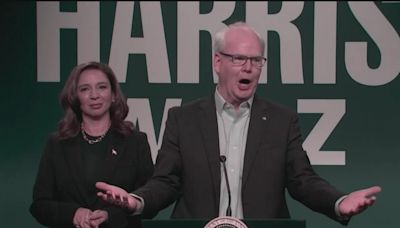 ... as Tim Walz, Andy Samberg as Doug Emhoff, Dana Carvey as Joe Biden in Cold Open With Maya Rudolph’s Kamala...