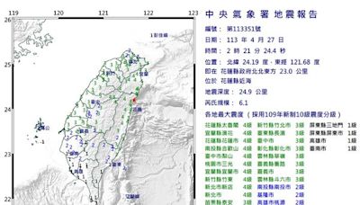 花蓮凌晨地震震不停！規模6.1最大震度4級全台猛搖 9縣市國家警報