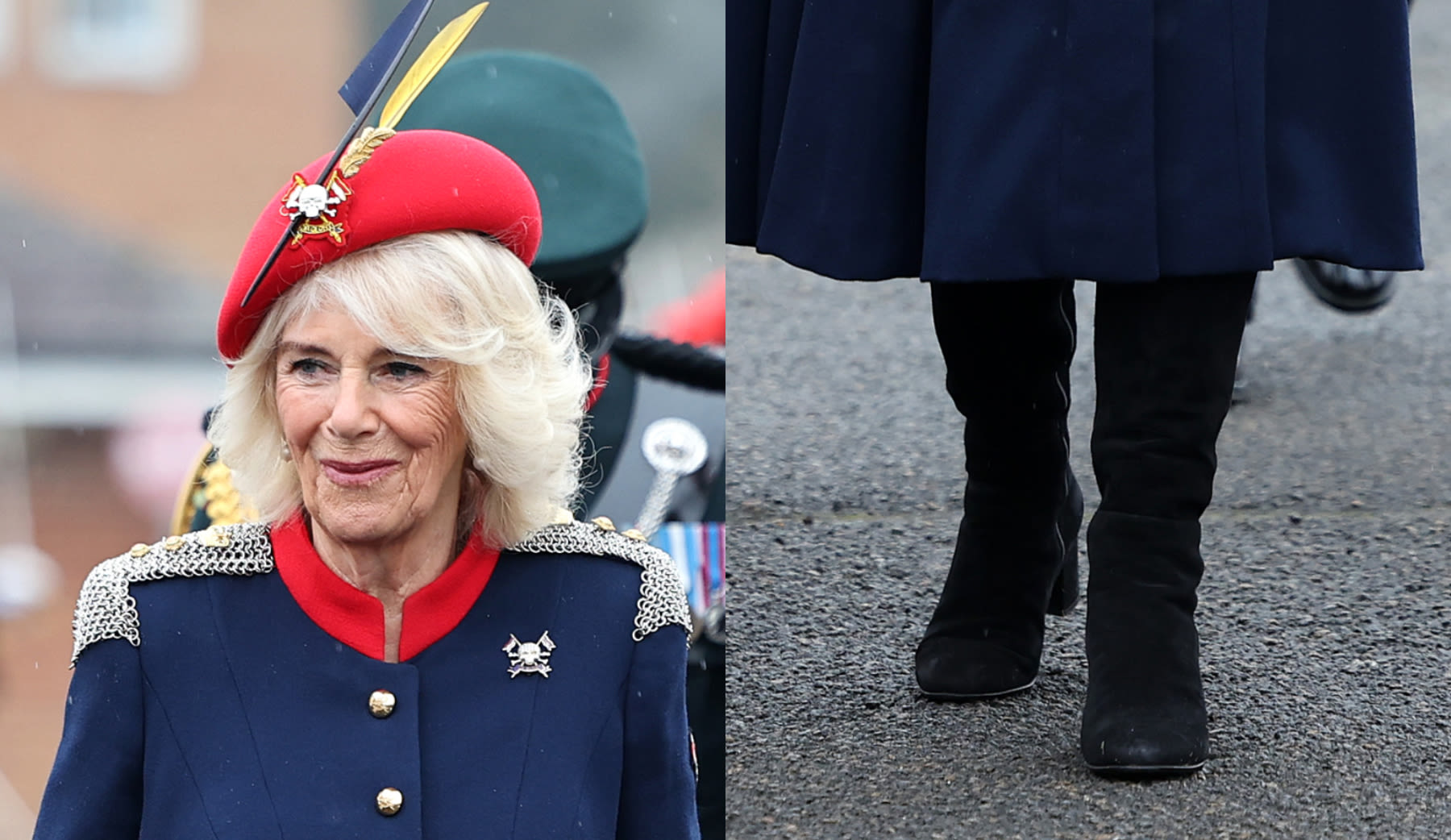 Queen Camilla Visits Royal Lancers in Her Favorite Russell & Bromley Knee-High Boots