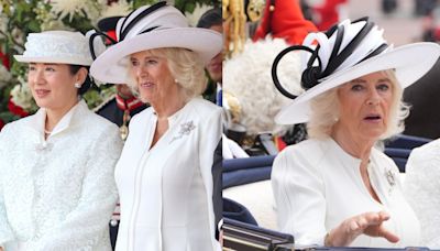 Queen Camilla and Empress Masako of Japan Coordinate in Crisp White Dresses and Pearls During State Visit in London