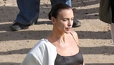 Irina Shayk teases her tummy in black and white look for Malibu shoot