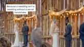Bride and groom surprise wedding guests with secret handshake at the altar