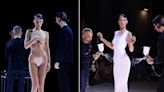 Photos show Bella Hadid getting a dress spray painted onto her body on the catwalk at Paris Fashion Week 2022