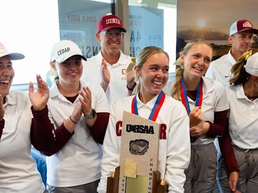 4A high school girls golf: Cedar comes from way behind to win first-ever state title, while Crimson Cliffs super soph Kate Walker runs away with medalist honors again