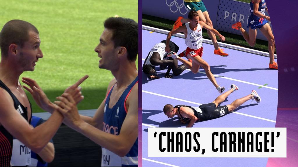 GB's George Mills confronts Hugo Hay after falling in final straight of 5,000m heat