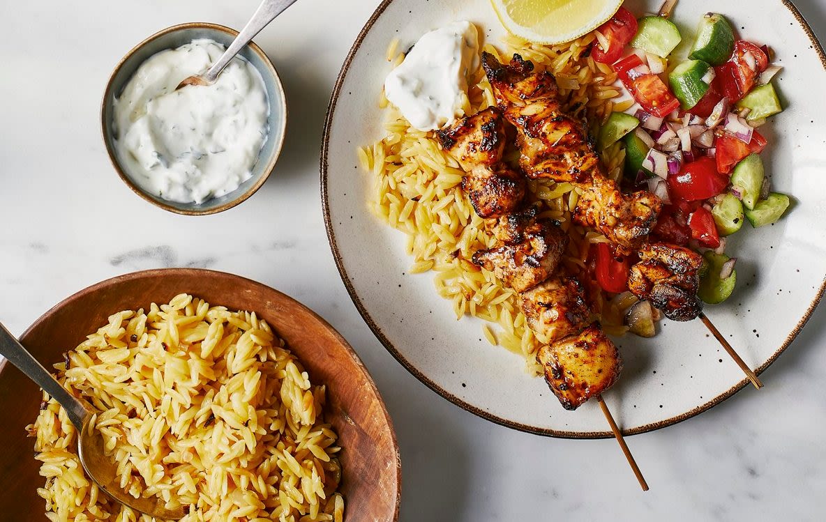 Air fryer Turkish chicken kebabs with orzo pilaf recipe