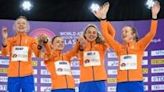 Netherland's gold medal-winning 4x400m relay team from the world indoors in Glasgow: Femke Bol, Lisanne De Witte, Lieke Klaver and Cathelijn Peeters