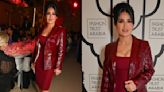 Salma Hayek Goes Monochromatic in Burgundy Dress and Gucci Leather Jacket for Fashion Trust Arabia Dinner