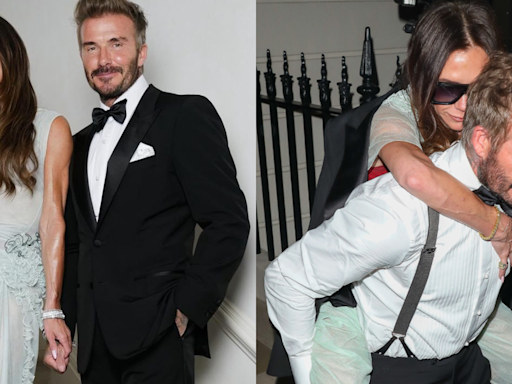 Victoria Beckham vai embora de aniversário carregada por David Beckham