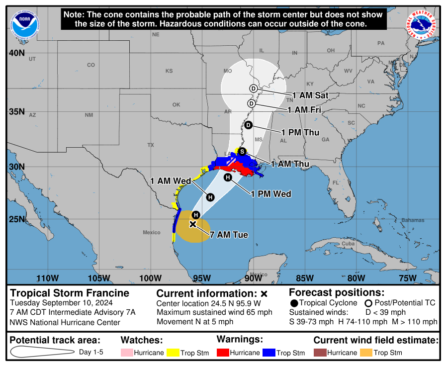 Tropical Storm Francine expected to become hurricane before making landfall on Gulf Coast