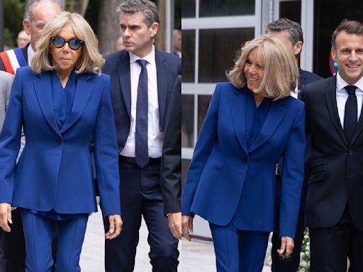 French First Lady Brigitte Macron Puts Vibrant Twist on Political Party Colors Alongside President Emmanuel Macron for Election Voting...