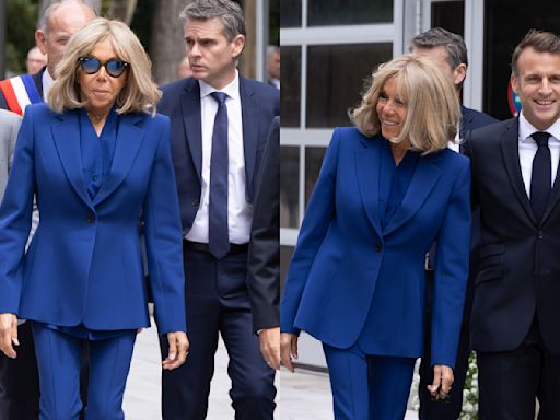 ...Brigitte Macron Puts Vibrant Twist on Political Party Colors Alongside President Emmanuel Macron for Election Voting in France