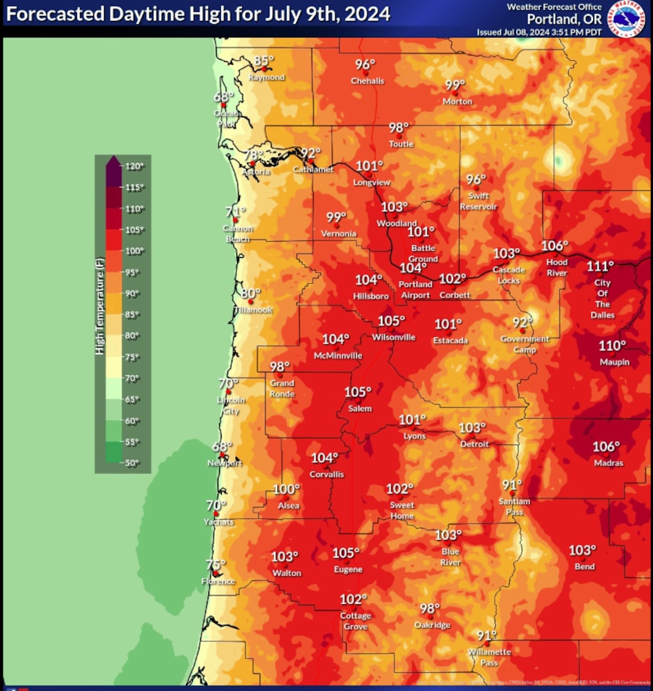 New Oregon weather map shows where high temps Tuesday might hit 110+