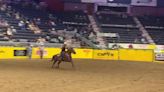 Defending national champ Taycie Matthews from the University of West Alabama with a 13.81-second run to win the second go-round of barrel racing at the College National Finals Rodeo.