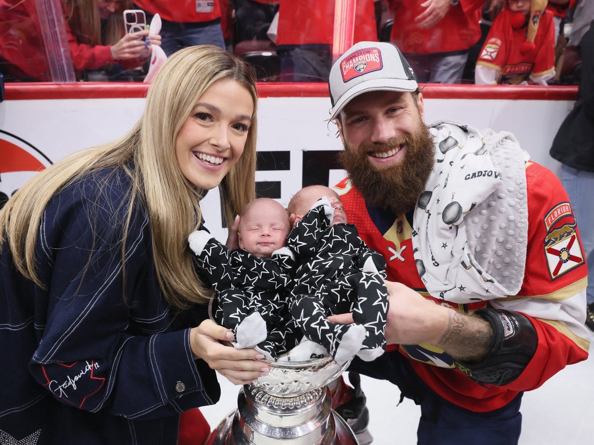 Florida Panthers’ Jonah Gadjovich celebrates NHL win by putting newborn twins in Stanley Cup trophy