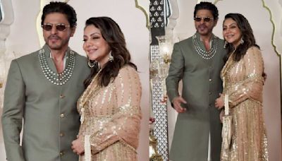 Shah Rukh Khan looks royal in Pathani accessorized with three-layered necklace, Gauri Khan stuns in gold at Ambani wedding
