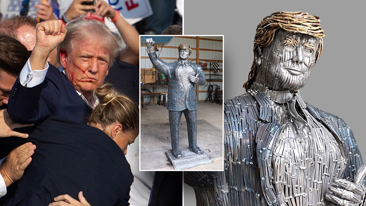 Life-size sculpture of 'fighting' Trump made from nails unveiled at assassination attempt site