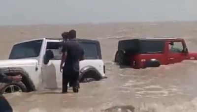 WATCH Viral Video Of Gujarat Students' Stunt Going Wrong, Mahindra Thar Stranded In Sea