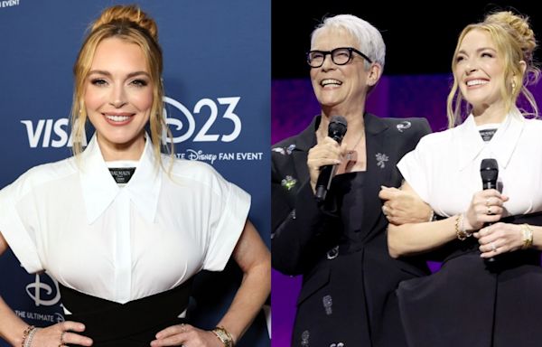 Lindsay Lohan Puts Avant-garde Spin on Workwear in Balmain Minidress at D23 with Jamie Lee Curtis to Promote ‘Freaky Friday’ Sequel