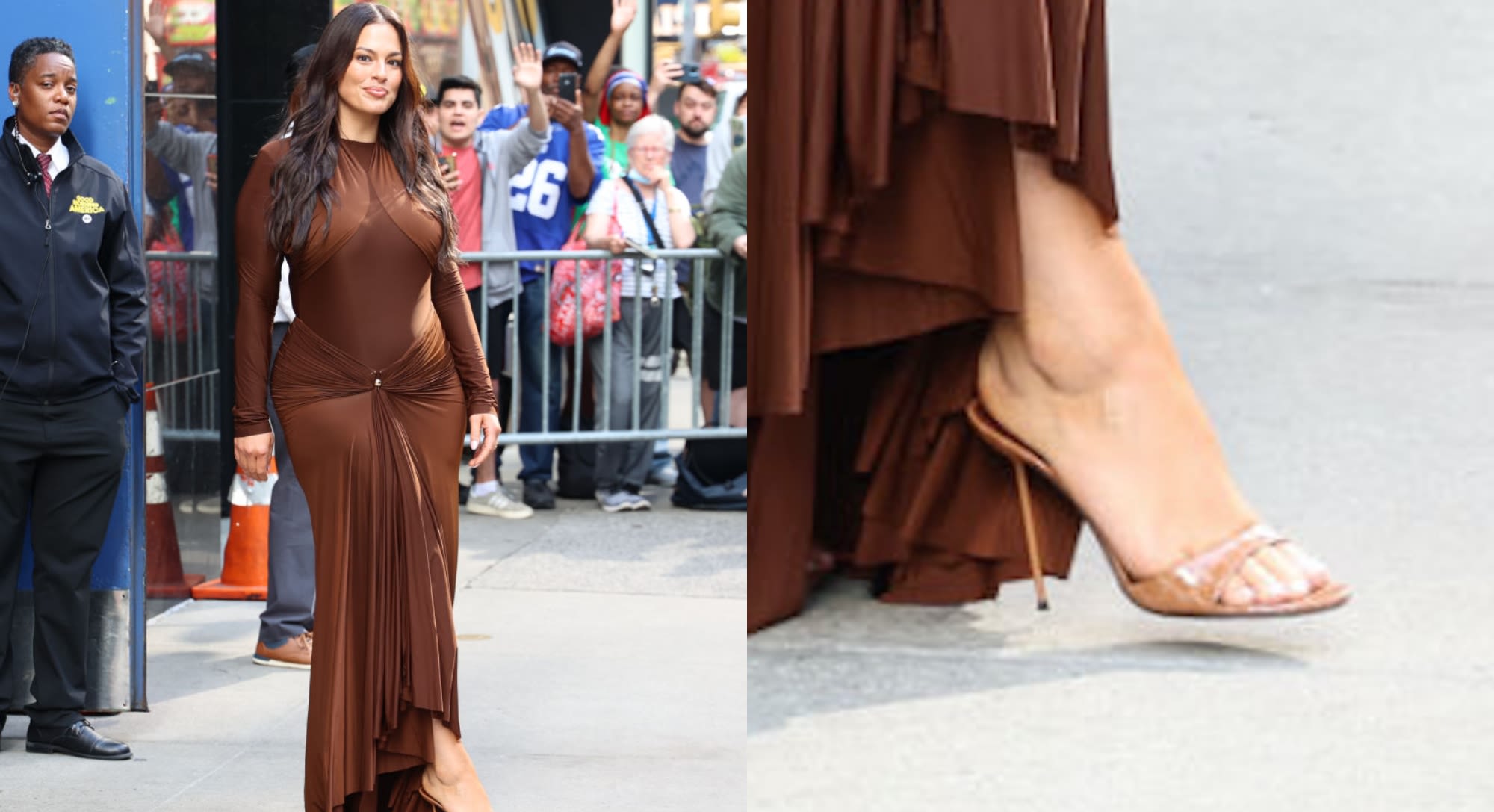 Ashley Graham Slips Into Reptile-Print Heels and Chocolate Brown Wrap Dress for ‘Good Morning America’ Appearance