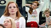 ... Shows Her Team USA Gymnastics Spirit in Ralph Lauren Knit at Paris Olympics With Daughter Giulietta and Son Augustus...