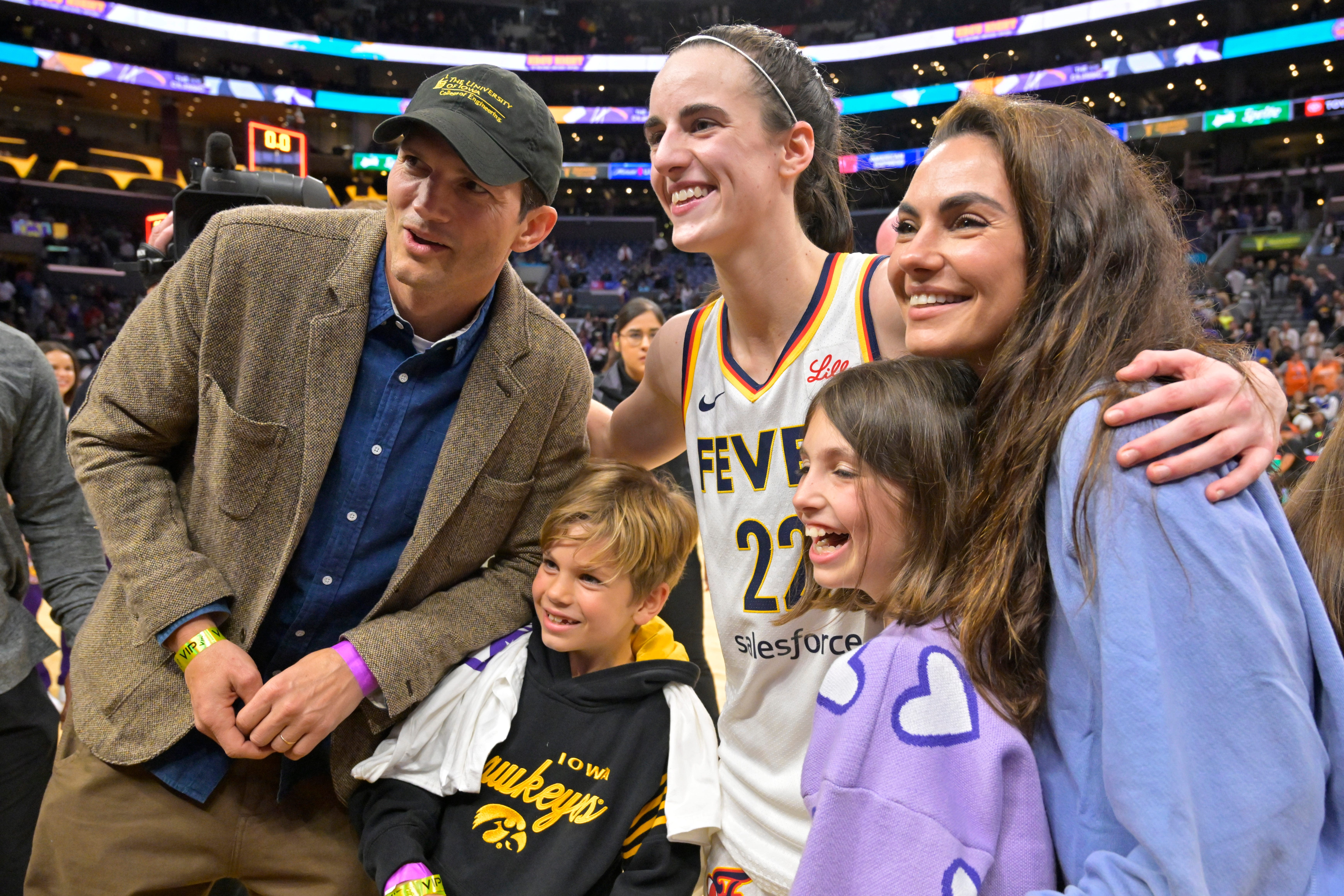 Ashton Kutcher hugs Caitlin Clark at Indiana Fever WNBA game vs. Los Angeles Sparks