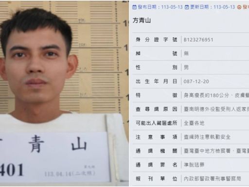 外役監受刑人又跑了！要犯「身揹9罪」逾假未歸 正面照曝光