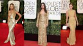 A Look Back at Gold Dresses Worn on the Golden Globe Awards Red Carpets: Beyoncé in Elie Saab, Priyanka Chopra in Ralph Lauren and...