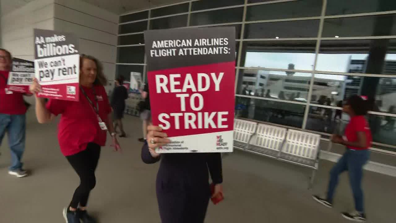 American Airlines flight attendants picket at DFW Airport