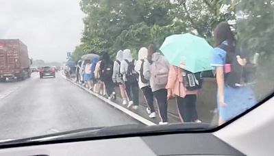 國道驚見「學生排隊」淋雨走路 30多人揹書包沿路肩北上
