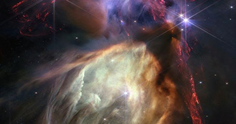 The Rho Ophiuchi cloud complex is seen in a composite of separate exposures acquired by the James Webb Space Telescope