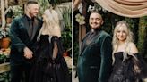 A bride wore a sparkly, black dress with detachable sleeves for her fairy-tale wedding