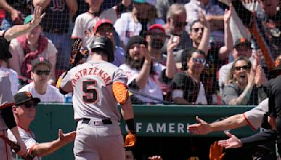 Carl Yastrzemski visited his grandson, Mike, before Thursday’s game. Then Mike hit a home run as the Giants beat the Red Sox. - The Boston Globe