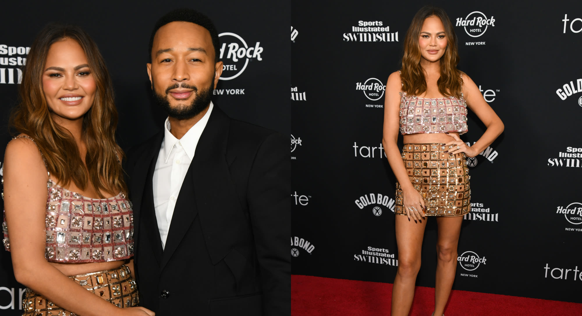 Chrissy Teigen Shines in Beaded Georges Hobeika Mini Skirt for Sports Illustrated Swimsuit Issue Launch Party 2024 With John Legend