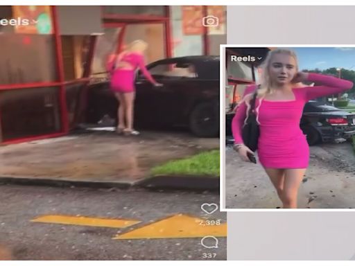 En video: Mujer estrella su auto contra la puerta de un restaurante en el noroeste de Miami