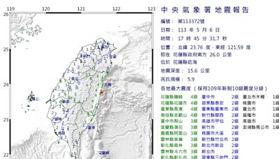 花蓮還在震！17：45、17：53連兩起規模5.9極淺層地震