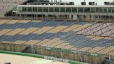 The inactive Kentucky Speedway is now a storage facility for a massive collection of unfinished Ford trucks visible from space