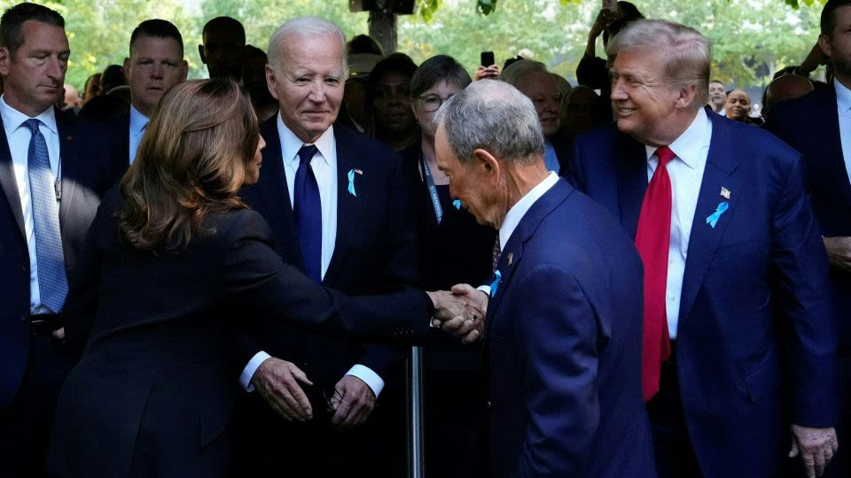 Harris and Trump shake hands at New York 9/11 remembrance ceremony on 23rd anniversary of attacks